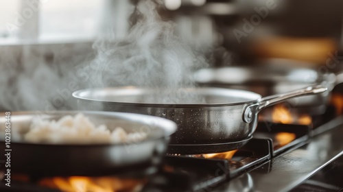 Close-up of kitchen stove with boiling water in pans, emitting steam, capturing the dynamic and essential aspects of cooking and culinary preparation.