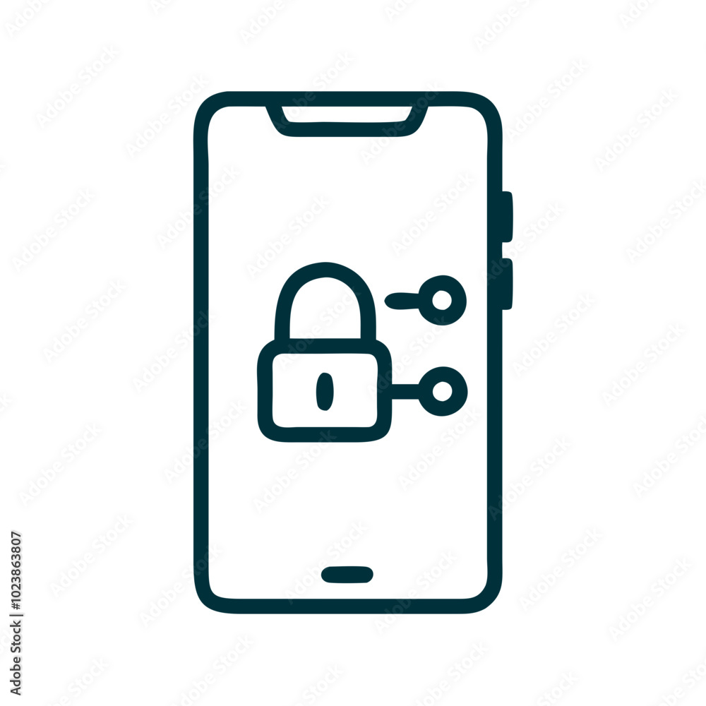 Smartphone with lock and connection icon in dark green outline Smartphone with lock and connection icon in dark green outline