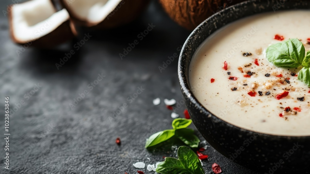 A creamy coconut-based soup highlighted by a sprinkle of fresh herbs and spices, offering a comforting, rich flavor ideal for a cozy dining experience. A creamy coconut-based soup highlighted by a sprinkle of fresh herbs and spices, offering a comforting, rich flavor ideal for a cozy dining experience.