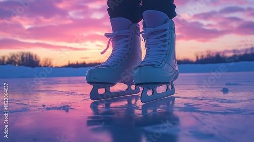 Person ice skating on a frozen lake at sunset with a beautiful sky reflecting on the ice surface. photo