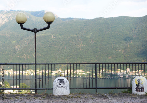 Concrete poles with cat paintings on the parking lot in Brolo, the cat village at Lake Orta, with metal fence, street lamp and mountains in the back, on an overcast day. Selective focus photo