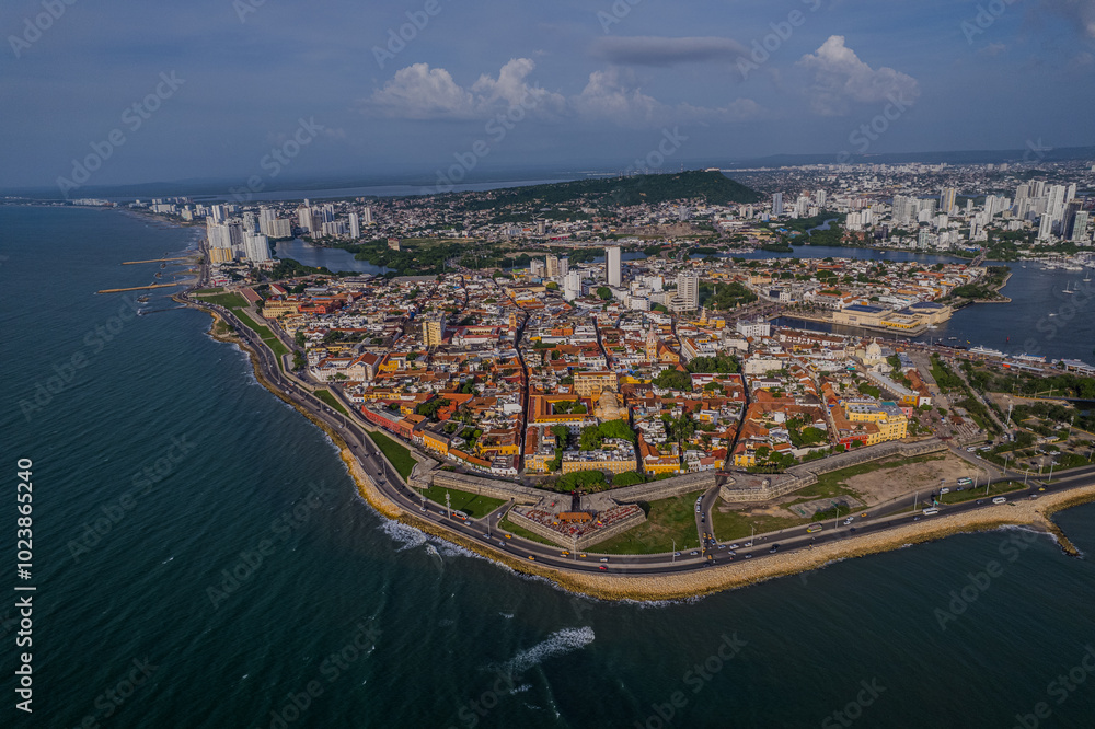 Fototapeta premium Beautiful aerial view of the Walled City of Cartagena, Its majestic Cathedral, the plaza, its colonial architecture. Colombia 