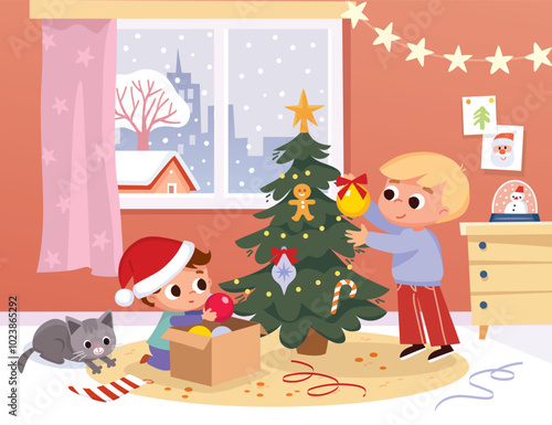 Christmas activities.Boys decorating a Christmas tree at home. Cozy living room. Kids prepare for Christmas.