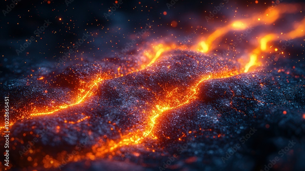 A captivating close-up of flowing molten lava, showcasing glowing orange streams against a dark background, with specks of heat rising. A captivating close-up of flowing molten lava, showcasing glowing orange streams against a dark background, with specks of heat rising.