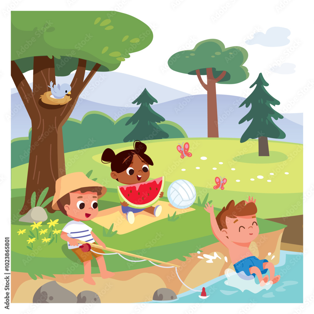 Obraz premium Children play outdoors. Summer activities. Children fooling around, having fun in good mood outside by the river. Summer landscape. Nature with trees, pound, lawns.