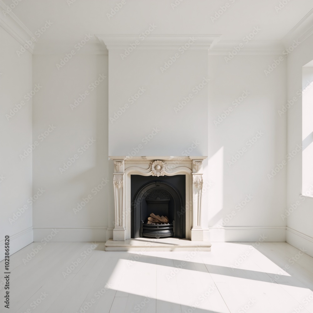 A 3D render of an empty classically-styled white room featuring a fireplace A 3D render of an empty classically-styled white room featuring a fireplace