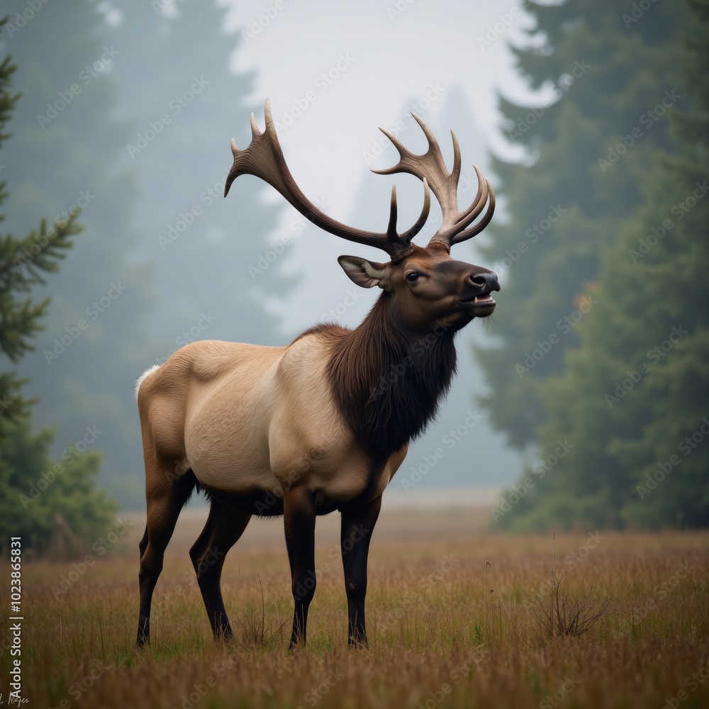 Digital painting depicting a majestic elk emitting a powerful call amidst the misty forest during rutting season Digital painting depicting a majestic elk emitting a powerful call amidst the misty forest during rutting season