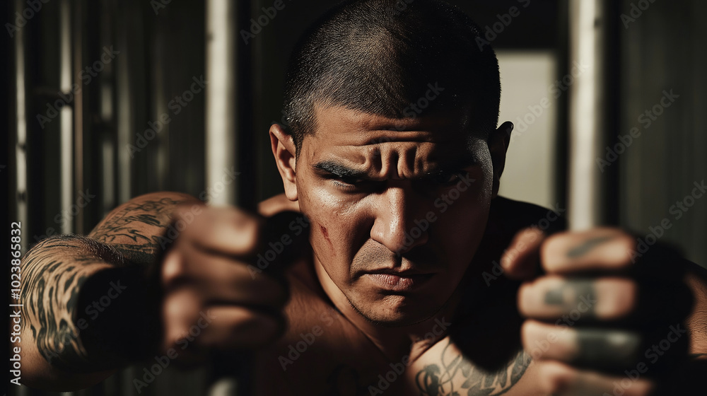 Tattooed and muscular fighter throws a powerful punch with an intense expression Tattooed and muscular fighter throws a powerful punch with an intense expression