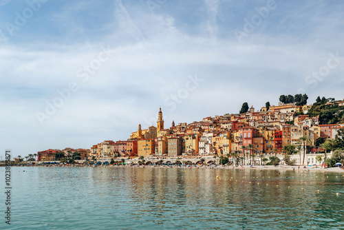 Colourful bright facades of the city of Menton on a sunny day