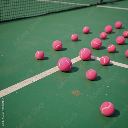 Pink tennis balls sit atop an overgrown worn-out desaturated green tennis court photo