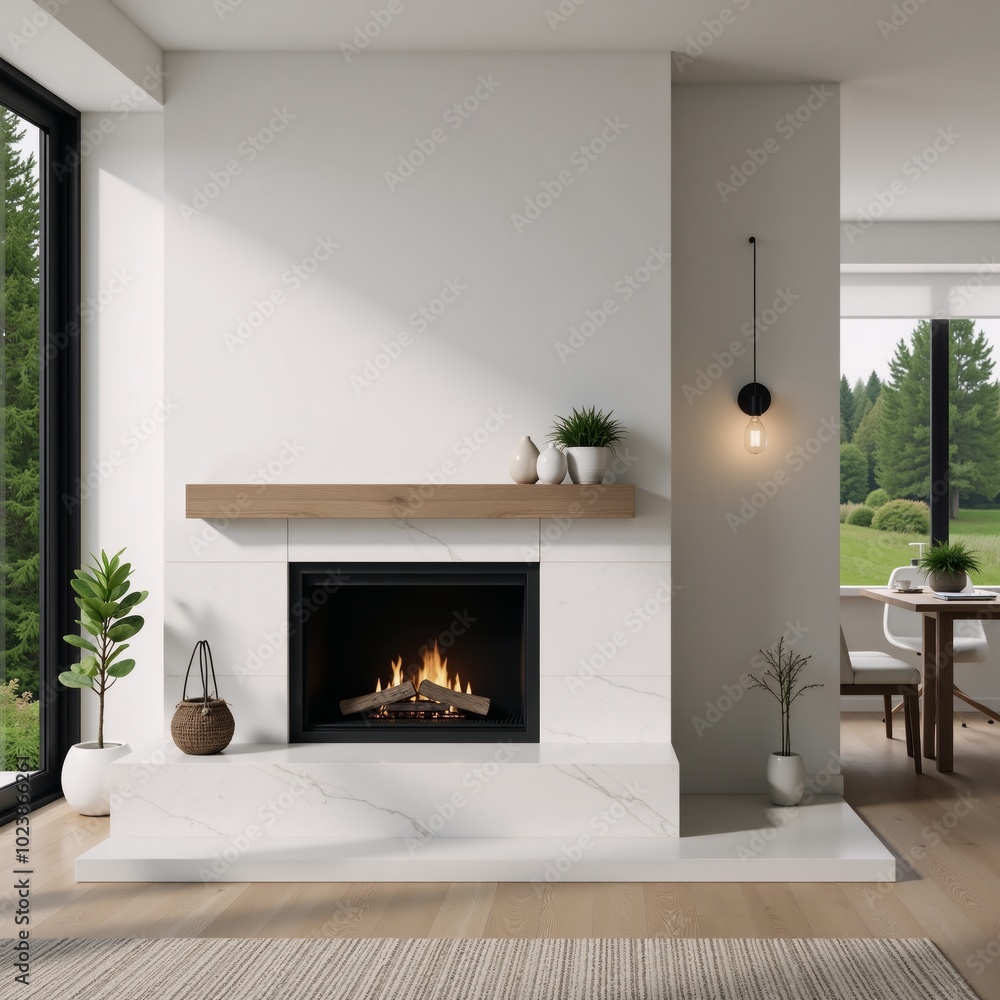 A modern home featuring an indoor fireplace nestled amidst forest greenery 3D Render