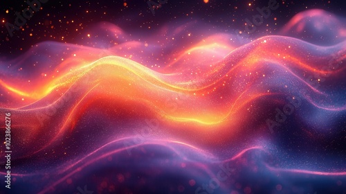 This abstract image depicts flowing waves of vibrant colors with sparkles, creating a mesmerizing visual experience. Perfect for backgrounds or art projects.