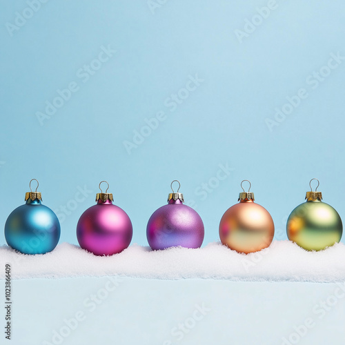 A row of colorful Christmas ornaments on snow against a pastel blue background, a minimalist concept with space for text or design. photo