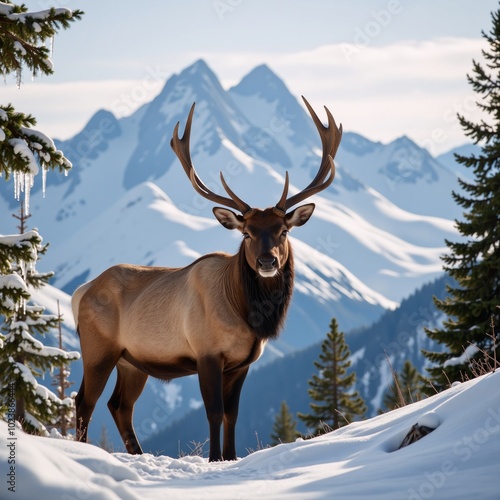 Elk portrait set against rugged mountain backdrop photo