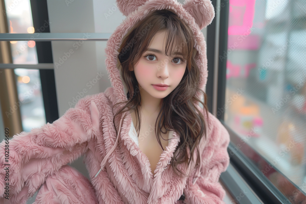 うさ耳フード付きピンクのもこもこパーカー うさ耳フード付きピンクのもこもこパーカー