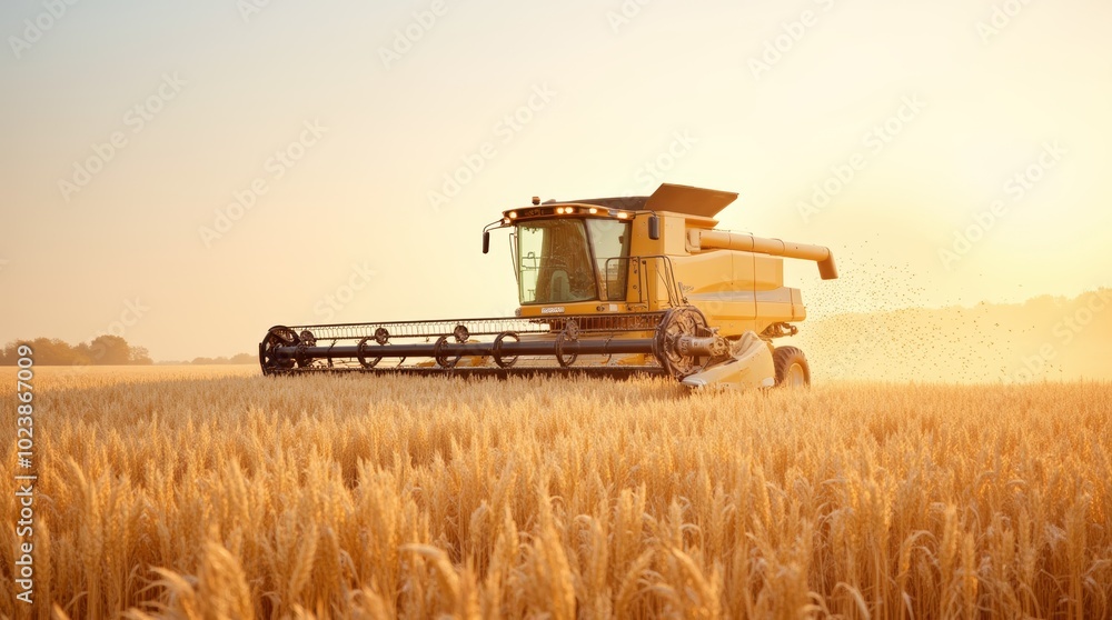 Fototapeta premium A combine harvester working in a golden wheat field at sunset, extracting grains in late summer