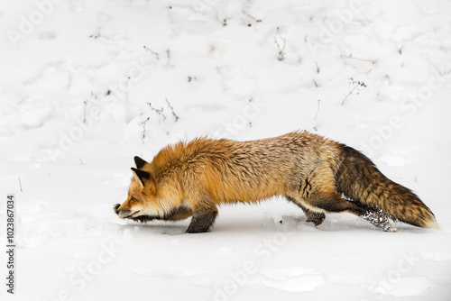 Obraz na płótnie Red Fox (Vulpes vulpes) Runs Moves Left Front Paw Outstretched Winter w salonie