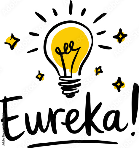 Cute vector illustration of light bulb with rays and cursive text 'Eureka!'
