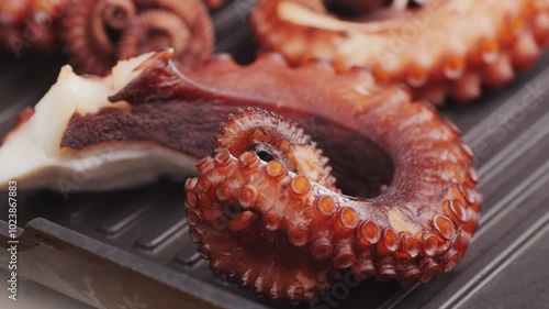 Octopus cooking, chef grill fresh octopus galician style on restaurant kitchen, healthy food, seafood cafe in spain, traditional asian japanese spanish and mediterranean dish.
