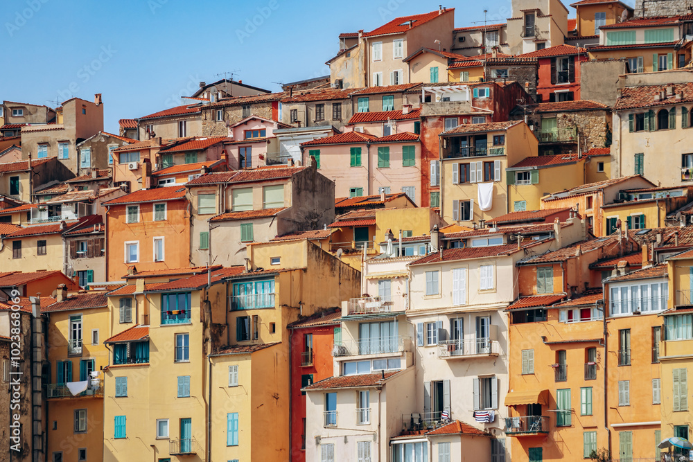 Colourful bright facades of the city of Menton on a sunny day Colourful bright facades of the city of Menton on a sunny day
