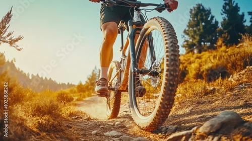 Wallpaper Mural A close-up of a mountain biker's legs and bike on a dusty trail, with a bright blue sky and a forest in the background. Torontodigital.ca