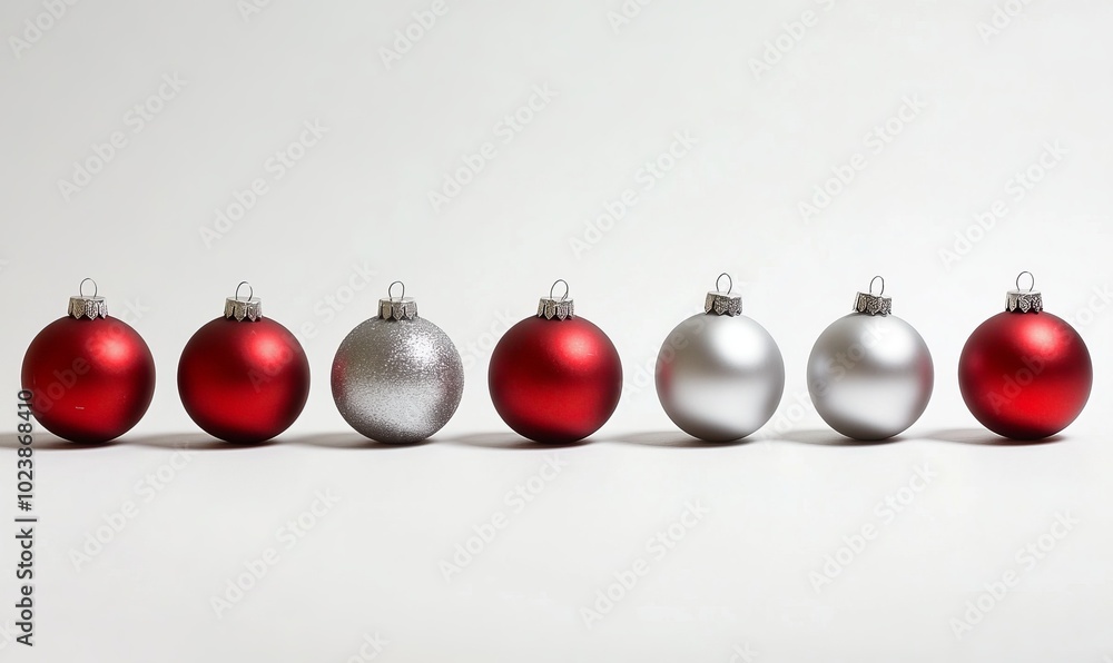 A row of Christmas ornaments with red and silver balls A row of Christmas ornaments with red and silver balls