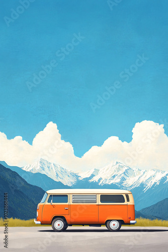 Vintage orange van in picturesque mountain landscape