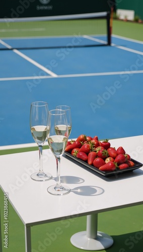 Luxurious Tennis Event showcasing Champagne and Strawberries on a Court photo