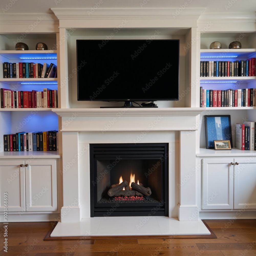 Front view of a TV above a gas fireplace with flanking built-in bookshelves illuminated by LED lighting Front view of a TV above a gas fireplace with flanking built-in bookshelves illuminated by LED lighting