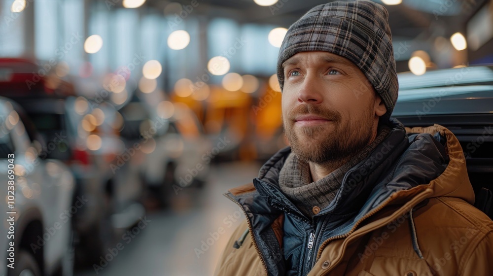 A father with a baby stroller exploring pickup trucks in a car dealership A father with a baby stroller exploring pickup trucks in a car dealership