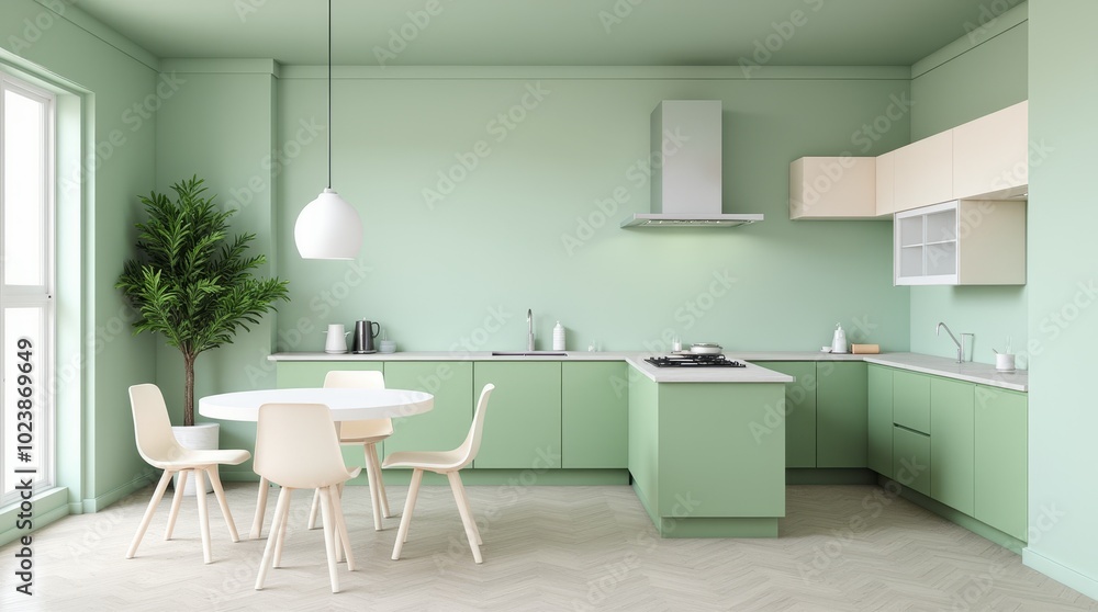 Fototapeta premium Modern kitchen interior showcasing a green color palette with a wooden dining table and stylish chairs under a soft light