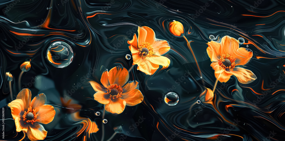 Painting of a bouquet of flowers with a blue background. The painting has a dreamy, ethereal quality to it, with the flowers appearing to be floating in mid-air Painting of a bouquet of flowers with a blue background. The painting has a dreamy, ethereal quality to it, with the flowers appearing to be floating in mid-air