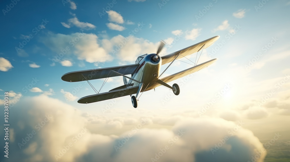 The propeller-driven motor plane soars gracefully in the blue sky, leaving behind a light trail of clouds, in complete harmony with nature The propeller-driven motor plane soars gracefully in the blue sky, leaving behind a light trail of clouds, in complete harmony with nature