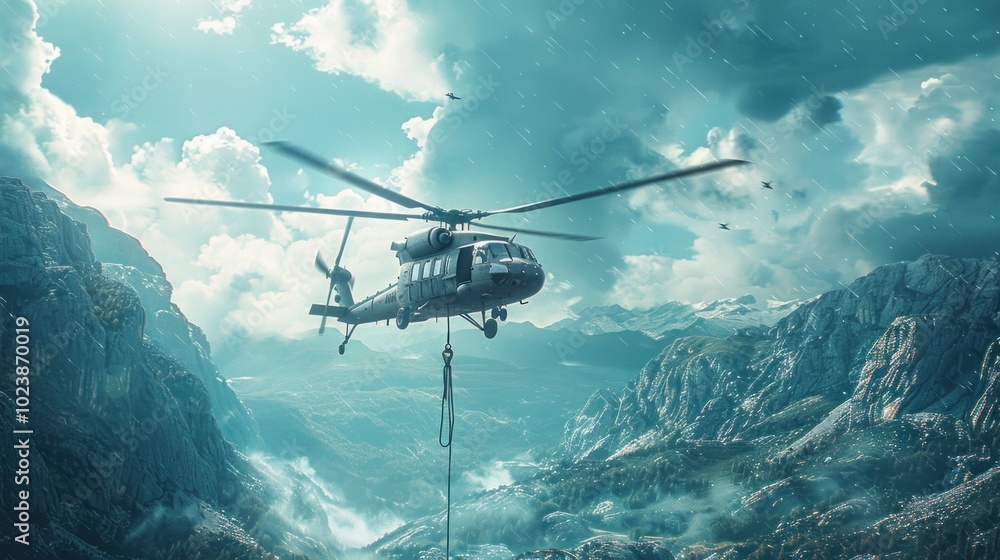 Naklejka premium A helicopter airlifting a cannon across a mountainous landscape