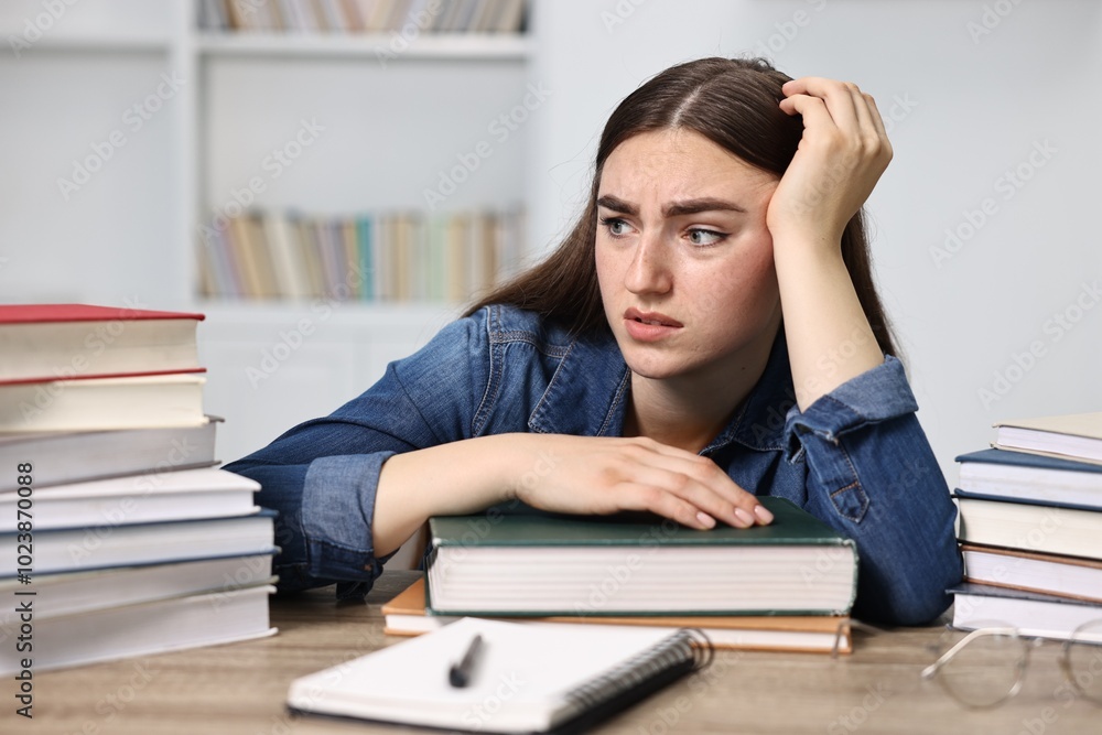 Overwhelmed student before exam at table among books indoors Overwhelmed student before exam at table among books indoors