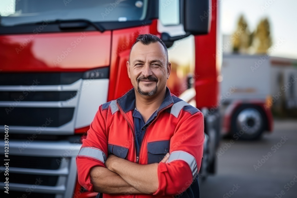 The driver standing confidently against the backdrop of a large truck ...