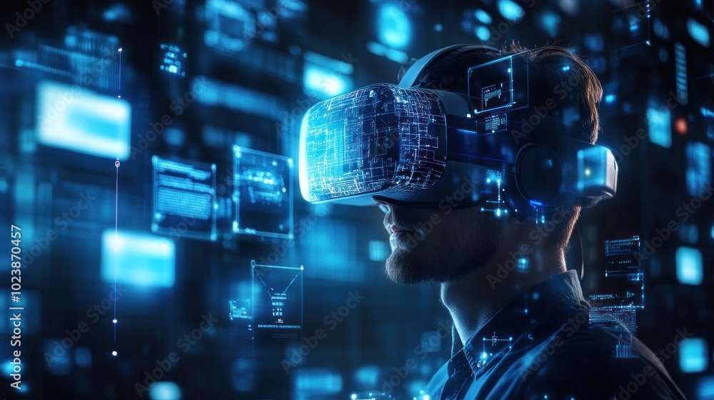 A man wearing a VR headset experiences a virtual world filled with digital data and interfaces. A man wearing a VR headset experiences a virtual world filled with digital data and interfaces.
