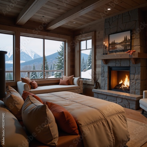 A cozy photo-realistic 3D model of an open floor plan cabin bedroom with a crackling fireplace amidst a snowy winter landscape