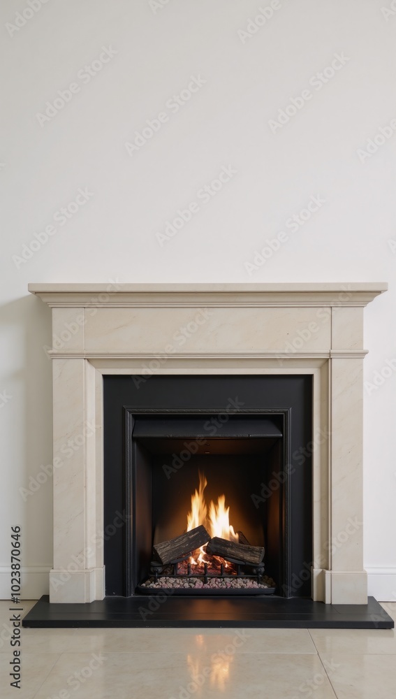 Modern classic stone-style fireplace with beautifully lit flames surrounded by sleek modern tiles against an isolating background Modern classic stone-style fireplace with beautifully lit flames surrounded by sleek modern tiles against an isolating background