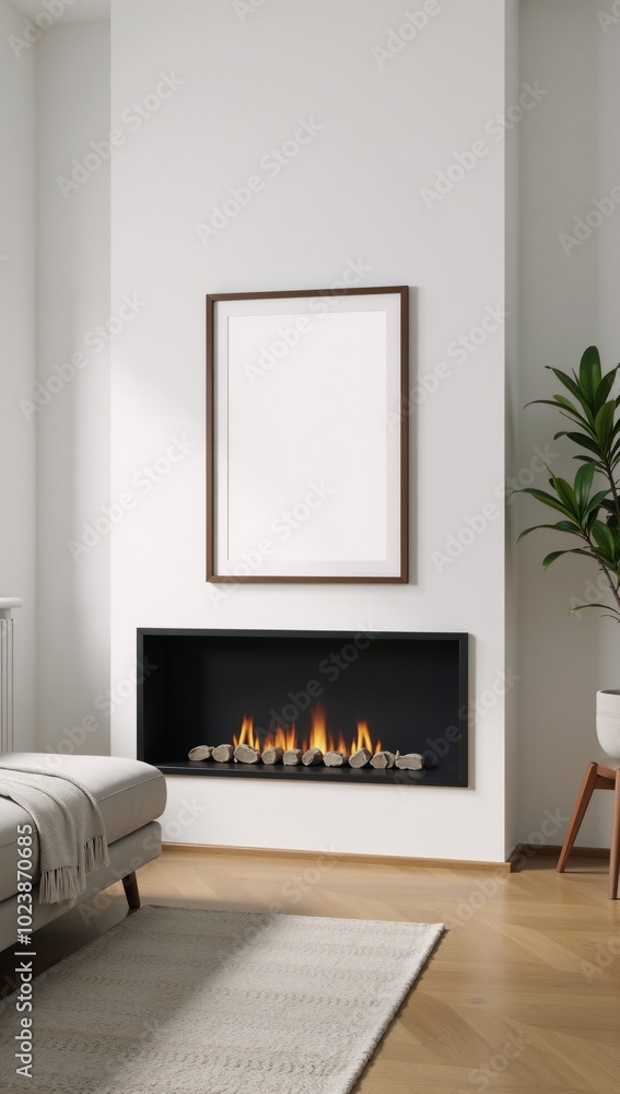 Modern Scandinavian-style 3D rendered mockup of a cozy living room with a fireplace Modern Scandinavian-style 3D rendered mockup of a cozy living room with a fireplace