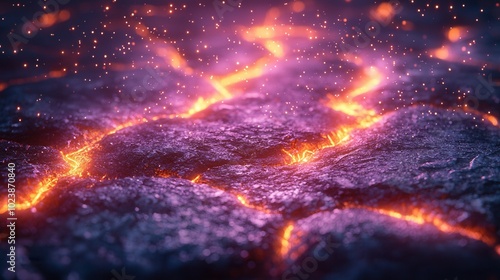 This mesmerizing image shows a vivid lava flow with glowing orange streaks against a dark, rocky surface, creating a magical atmosphere.