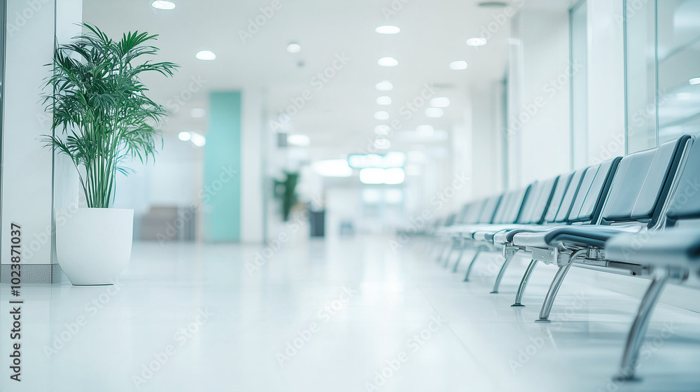 Empty hospital waiting area with rows of chairs and bright, clean lighting. Empty hospital waiting area with rows of chairs and bright, clean lighting.