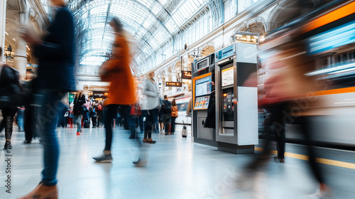 People hustle through a bustling train station, blurred in motion, with a high glass ceiling creating an airy atmosphere. photo