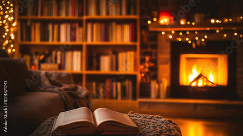 Cozy living room with an open book, warm fireplace, and glowing string lights creating an inviting atmosphere. photo