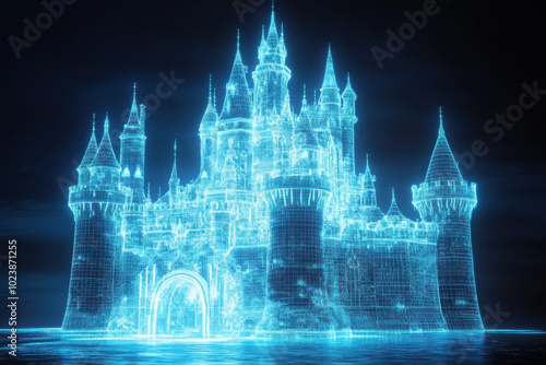 Glowing wireframe of castle architecture futuristic building. 