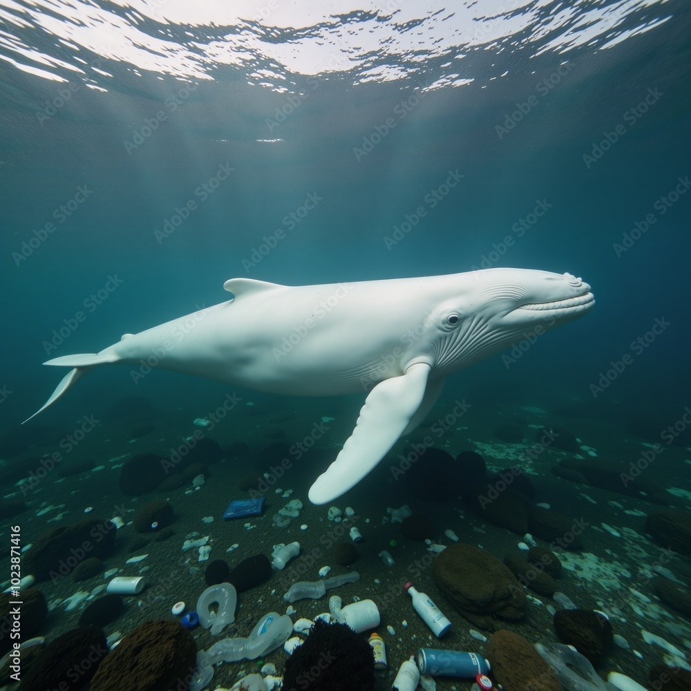 Fototapeta premium Humpback whale swimming amidst plastic debris in polluted waters an awareness poster conveying environmental impact and marine pollution concerns