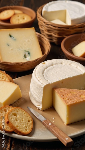 Delicious cheese display highlights diverse textures  colors as inspiring culinary palette Rustic Table photo