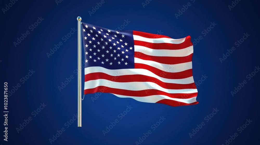 A minimalist American flag icon, waving gently with subtle light reflections over a deep blue background A minimalist American flag icon, waving gently with subtle light reflections over a deep blue background