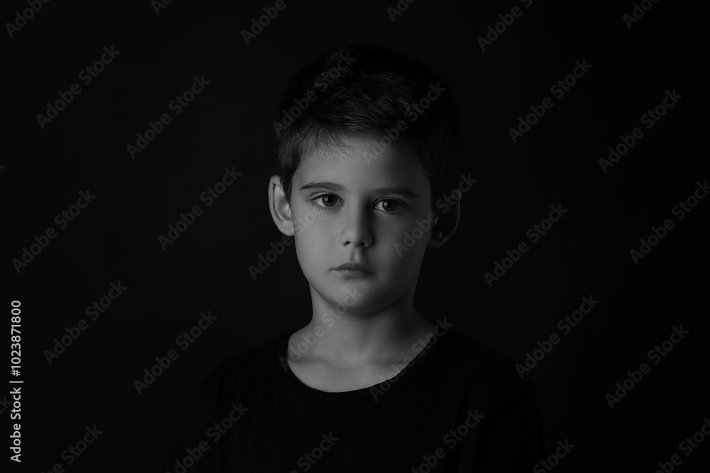 Fototapeta premium Portrait of sad little boy on dark background. Black and white effect