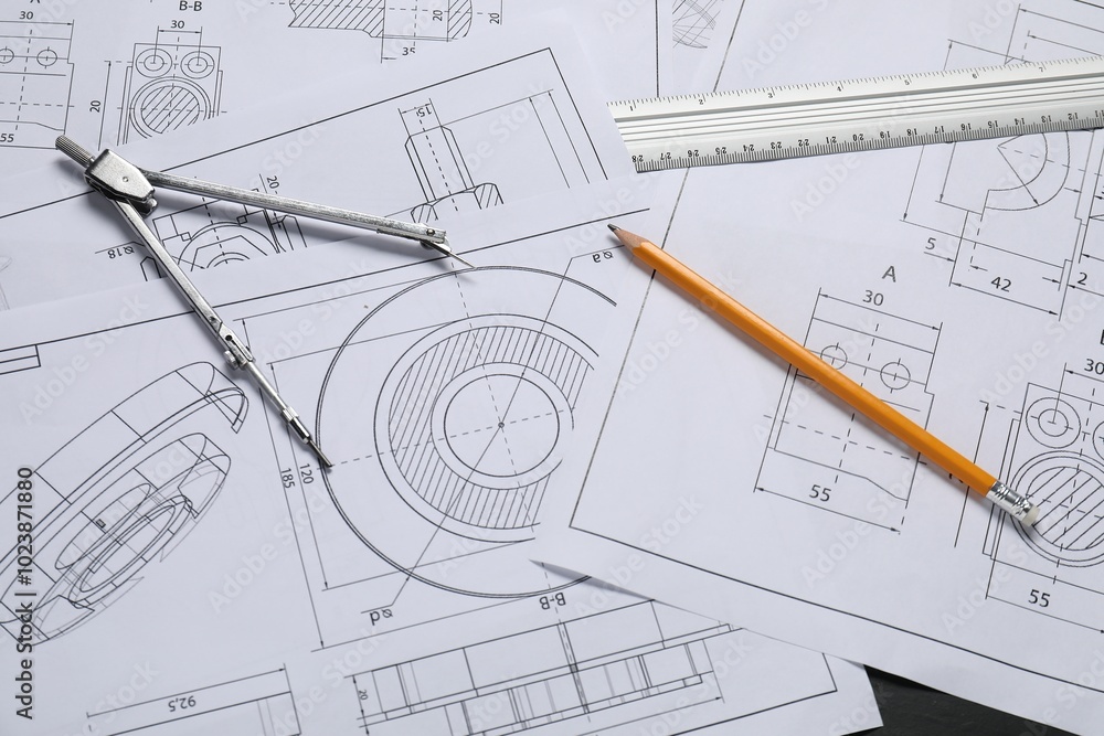 Different engineering drawings, pencil, ruler and divider on grey table, flat lay Different engineering drawings, pencil, ruler and divider on grey table, flat lay